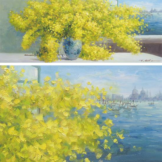 絵画 油絵 ミモザ （堀哲夫） 【肉筆】【油絵】【花】【横長