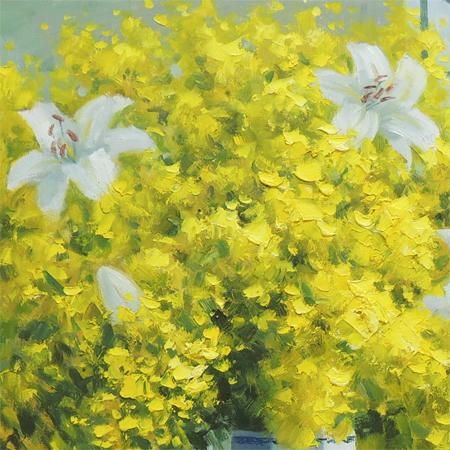 絵画 油絵 ミモザとカサブランカ F20号 （堀哲夫） 【肉筆】【油絵