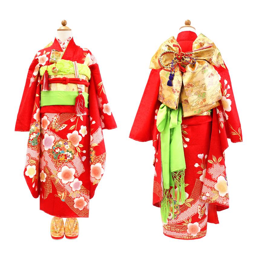 七五三 着物 7歳 正絹 フルセット 購入 20点フルセット 赤地熨斗に花紋