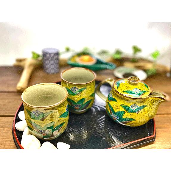 九谷焼 高級 陶磁器 急須3点セット 小 吉田屋万年青 ハート 裏絵