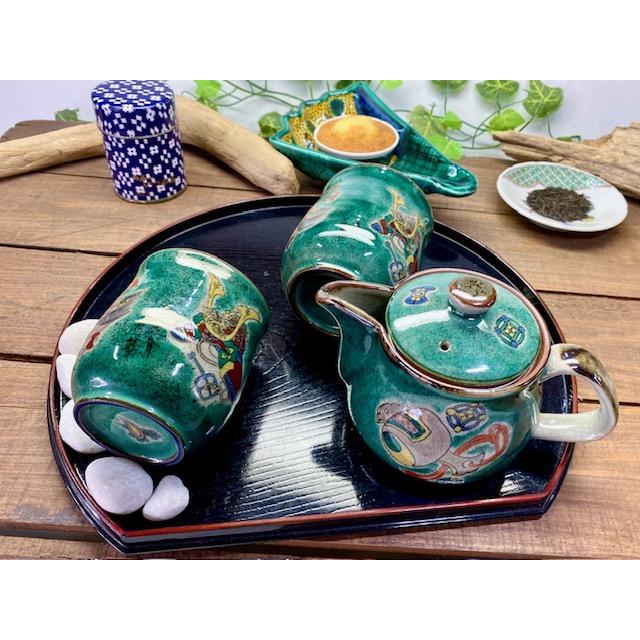 九谷焼 高級 陶磁器 急須3点セット 小 宝尽くし緑塗り 裏絵(Kutani