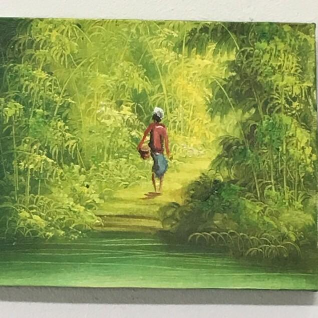 バリ絵画 森の絵 水汲み女性 B-1 W25×H20 (1178-1) バリアート 風景画