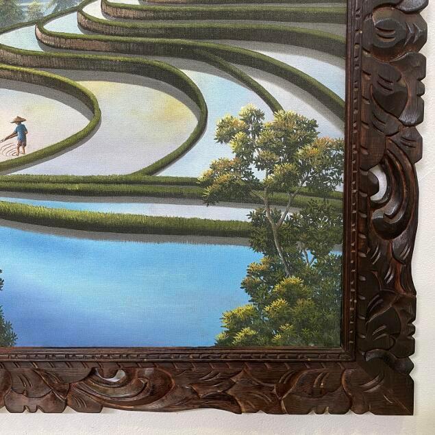 バリ絵画 風景画 棚田 ライステラス 夕日 木彫りフレーム付 W120