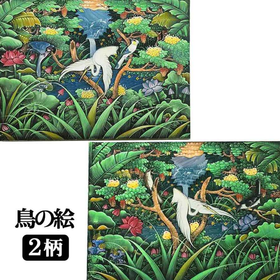 バリ絵画 鳥の絵 W80×H60cm 花鳥風月 絵画 アートパネル 緑 バリ雑貨