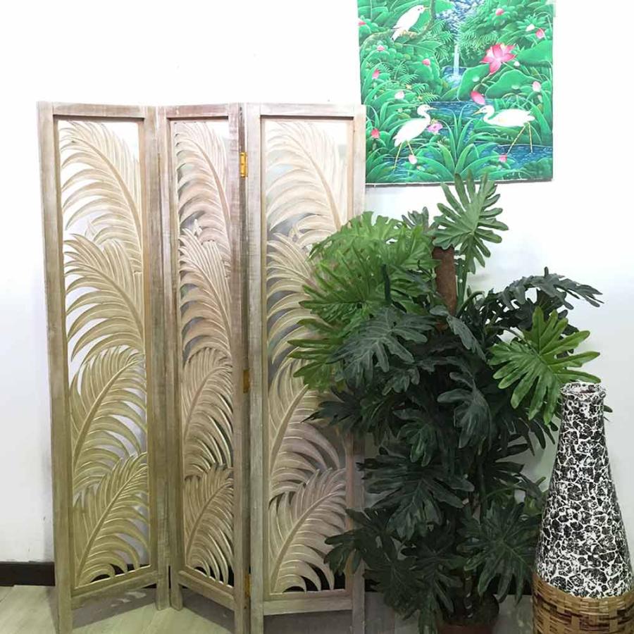 パーテーション 衝立 3連 パームリーフ柄 ホワイト H170cm 木製 彫刻