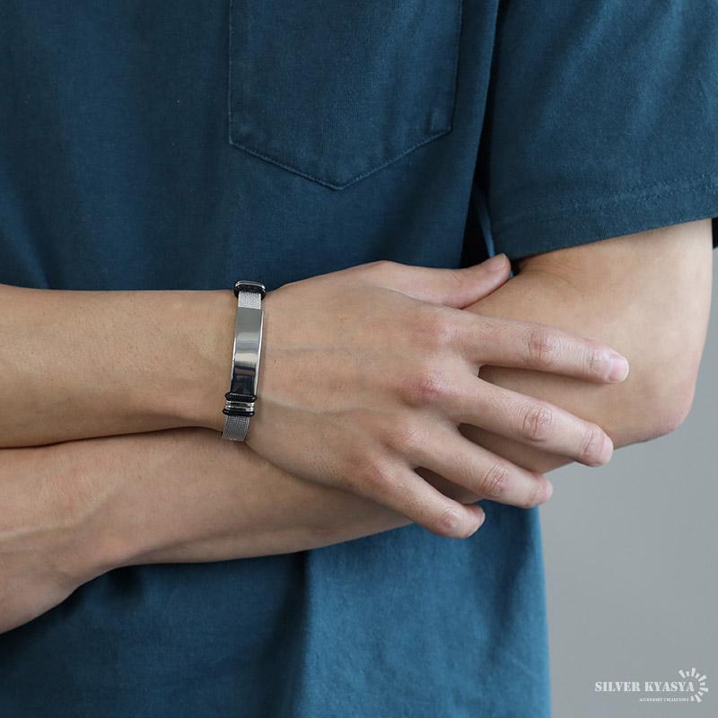 シルバー) 時計ベルト IDブレスレット メンズ シルバー ブラック 黒 銀