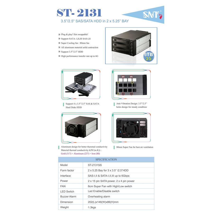 SNT 内蔵 5.25インチ HDDラック -3.5/2.5インチ HDD/SSDケース SATA