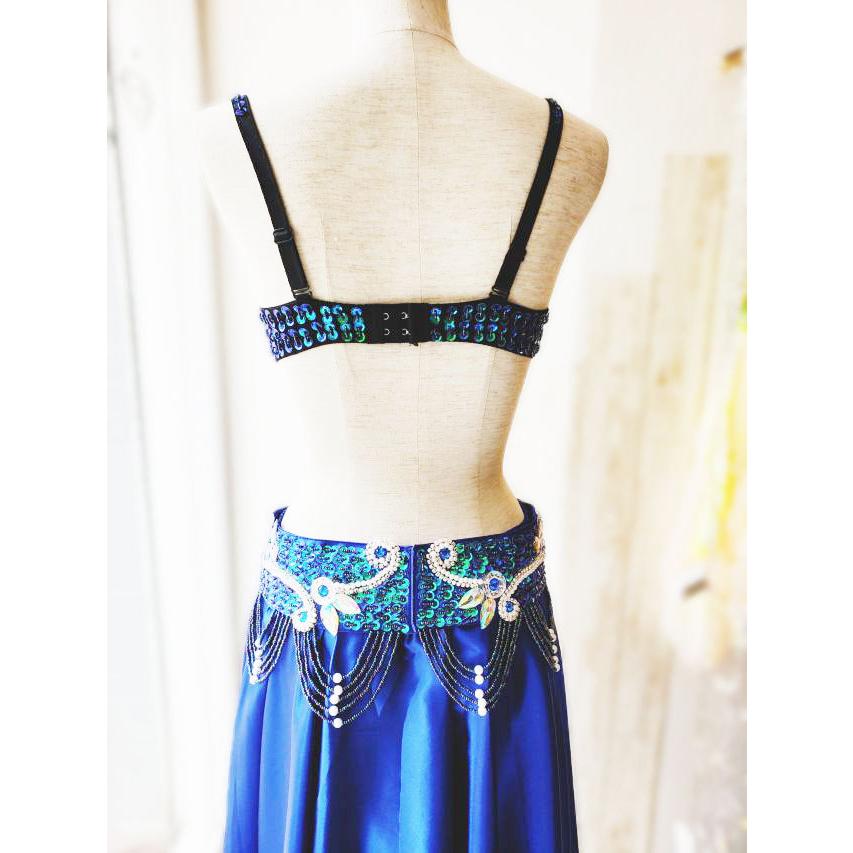 ベリーダンス 衣装 ブラ ベルト パール しずく 上下2点 セット 青