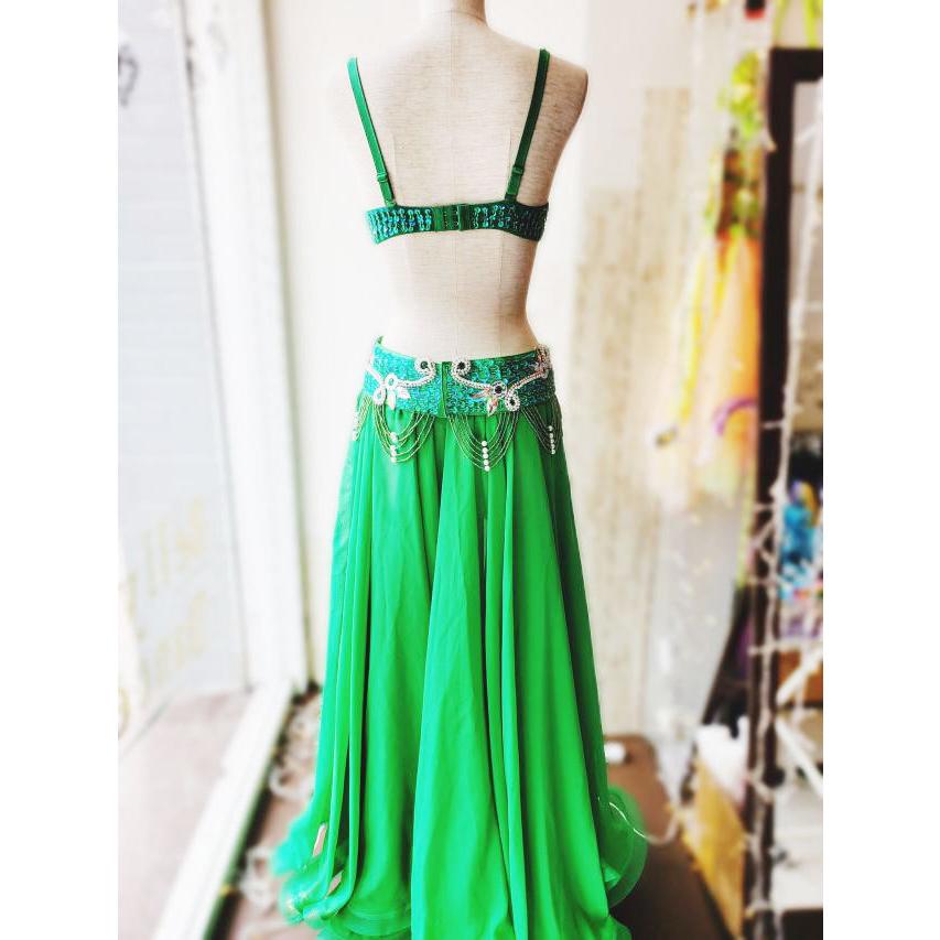 ベリーダンス 衣装 ブラ ベルト パール しずく 上下2点 セット 緑