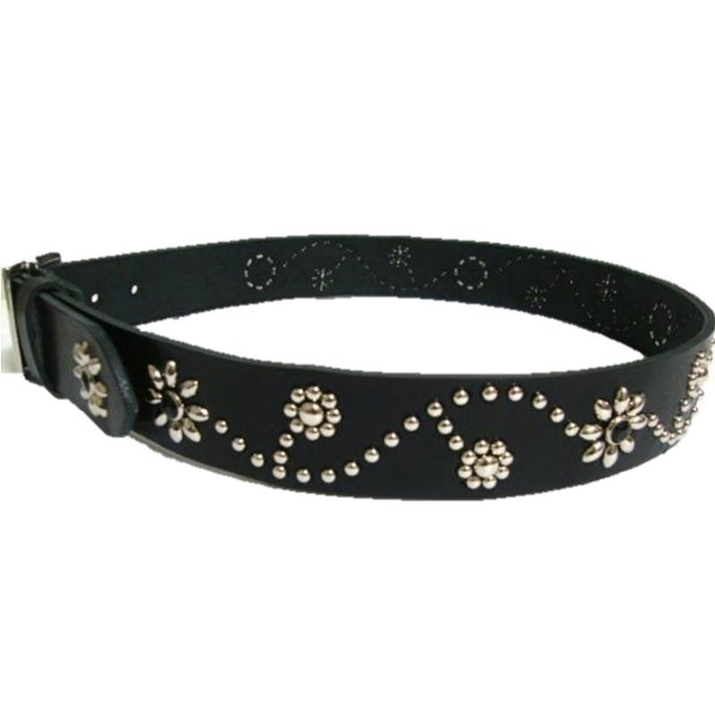 栃木レザー フラワー型 スタッズベルト 黒 ブラックスポッツ 日本製 一