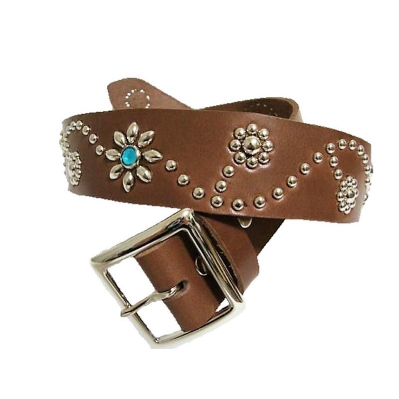 栃木レザー フラワー型 スタッズベルト チョコ アクアブルースポッツ