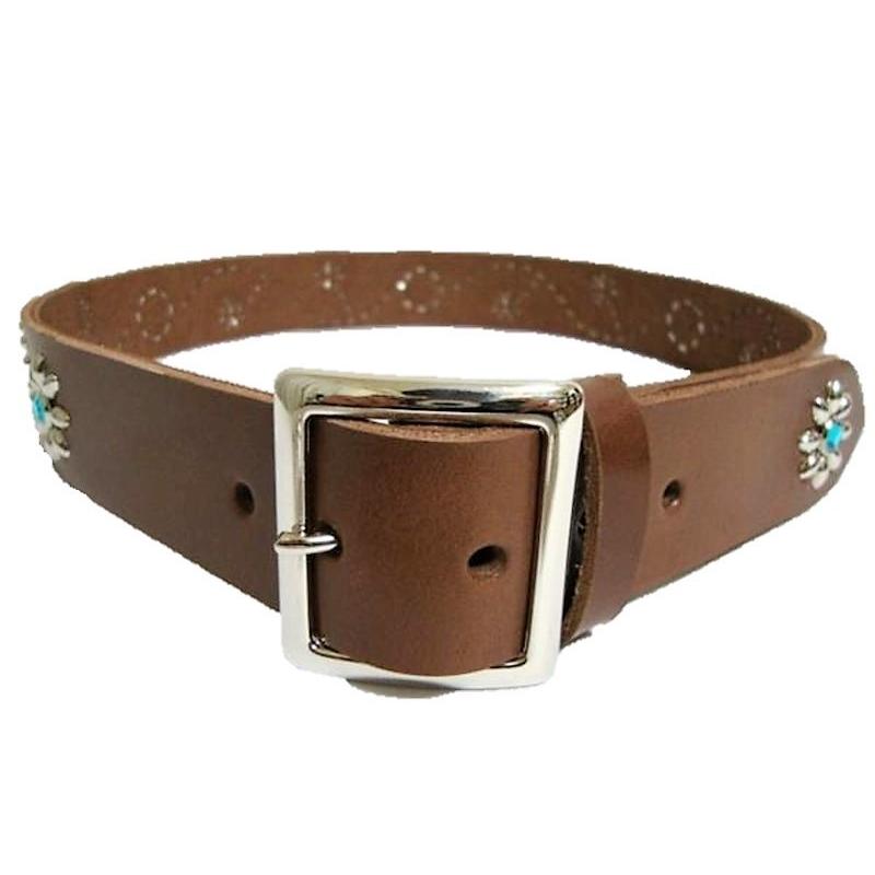 栃木レザー フラワー型 スタッズベルト チョコ アクアブルースポッツ
