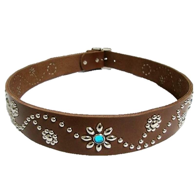 栃木レザー フラワー型 スタッズベルト チョコ アクアブルースポッツ