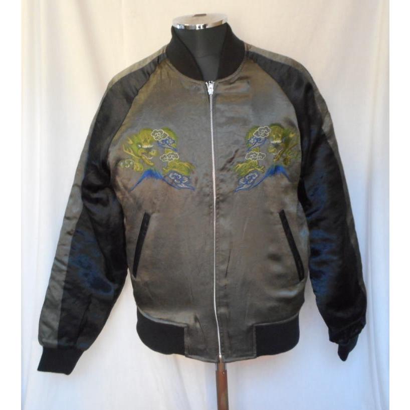 スカジャン サテン シワ加工 龍 富士 刺繍 5769 モスグリーンベースx