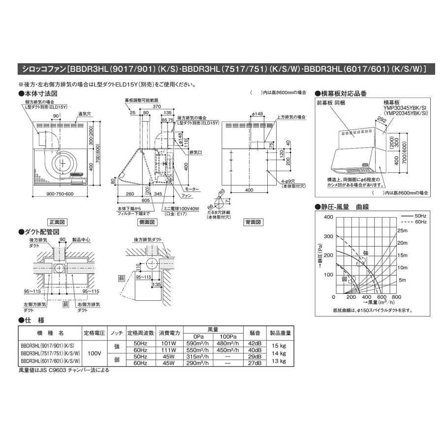 レンジフード 富士工業製（TOCLAS）BDR3HL6017W ホワイト 間口60cm 高