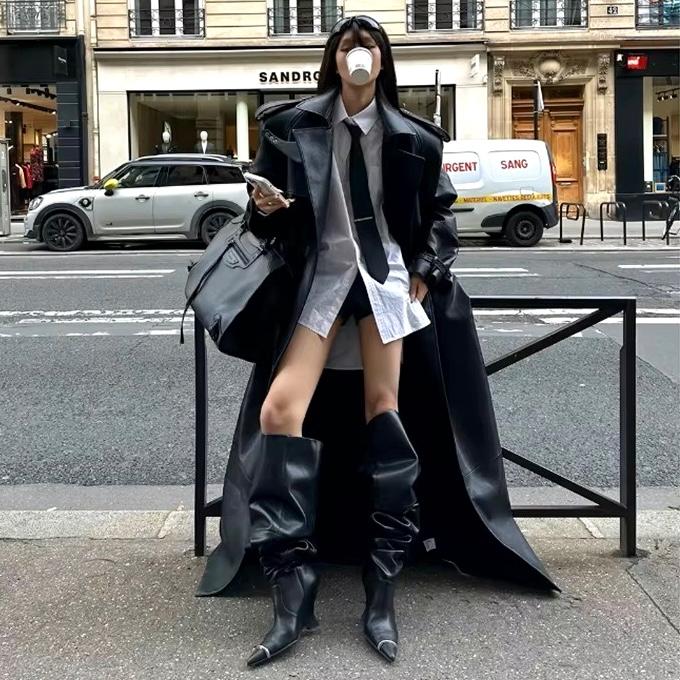 レザー トレンチ ロング コート 黒 韓国 ストリート モード系 グランジ