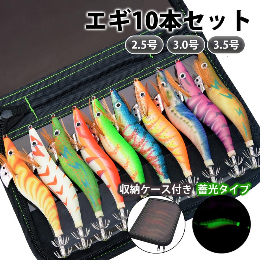 エギ 10本 セット エギング 2.5号 3号 3.5号 ケース付 ラトル入り 夜光