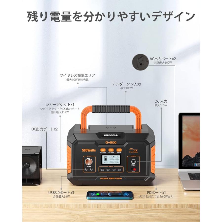 ポータブル電源 大容量 500W GRECELL 140400mAh/519wh ポータブル
