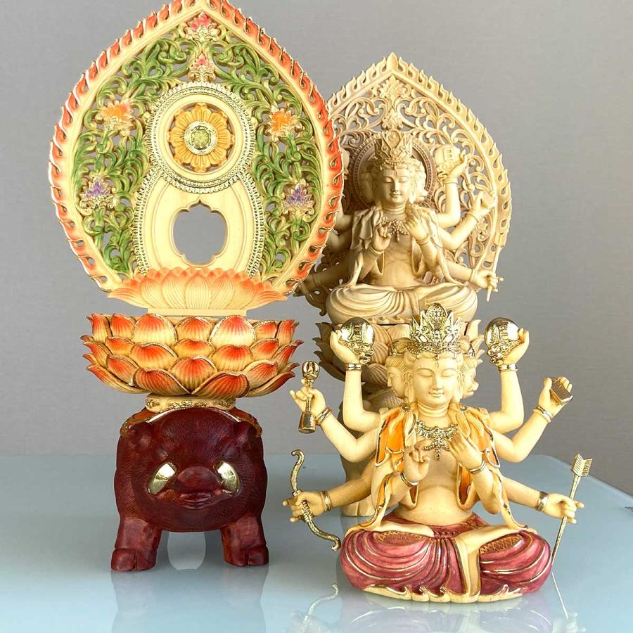 摩利支天 彩色「彩光の守護」仏像 35cm イノシシ 女神 イノシシ乗り 桧