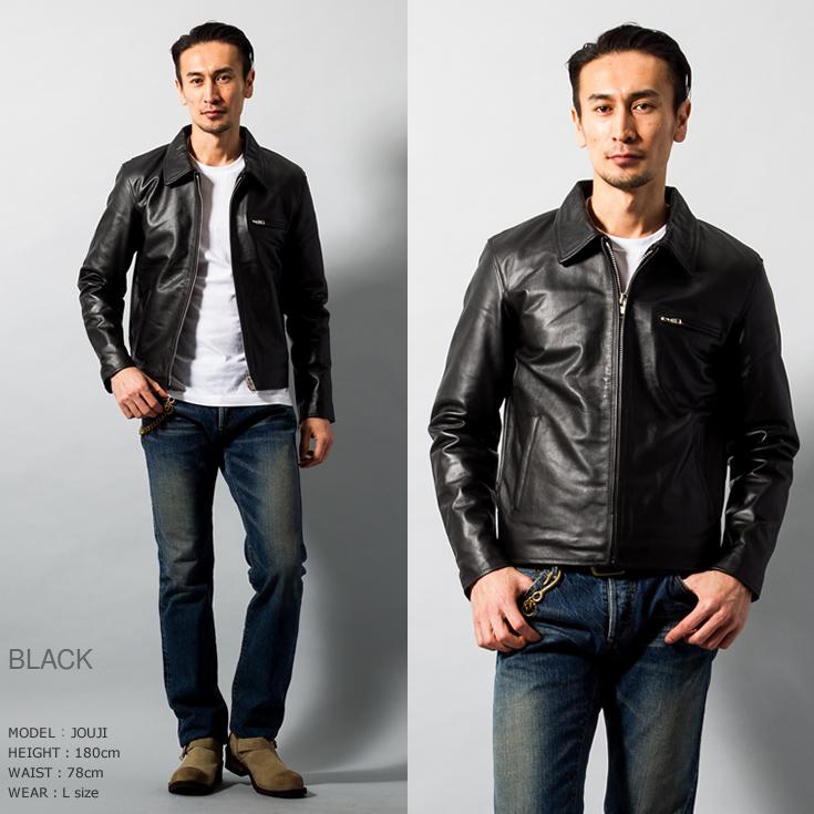 Horn Works 本革 襟付きシングルライダースジャケット メンズ ホーン