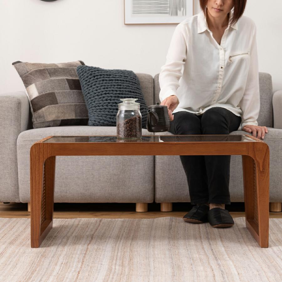 東谷 センターテーブル ローテーブル ラタン ガラステーブル 天然