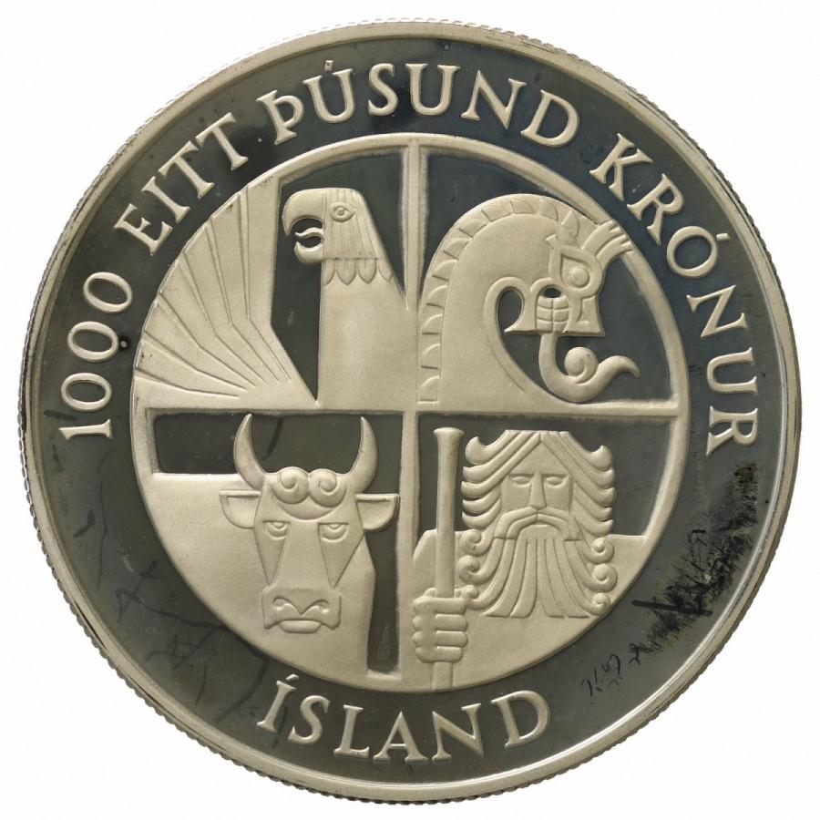 アイスランド 1974年 1000クローナ プルーフ 大型銀貨 1100周年記念