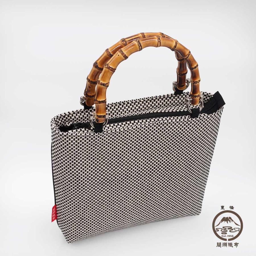 刺し子 手提げバッグ バンブー 竹製持ち手 白黒 黒 スクエア 祭り用品