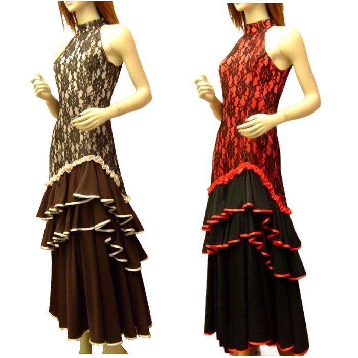 フラメンコ衣装 ワンピース (ブラウン)アメリカンスリーブ 花柄レース