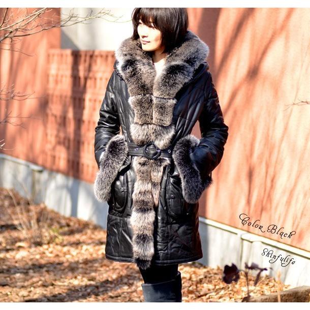 レザーコート レディース ロング コート ファー 袖 フォックス 毛皮