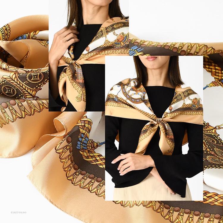 日本製 シルク スカーフ 大判 正方形 90cm ツイル エルメス柄 馬具柄