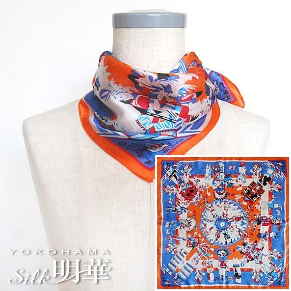 スカーフ シルク ブルー オレンジ柄-2204 : シルク明華 - 通販 - Yahoo