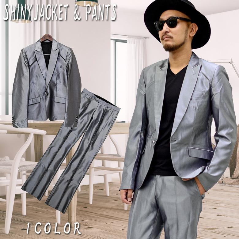閉店セール】メンズ スーツ 光沢 生地 シャイニー セットアップ