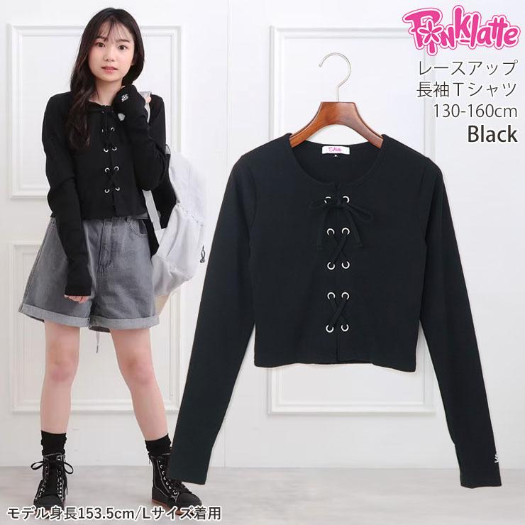 PINK-latte（ピンクラテ） 長袖Tシャツ レースアップ 無地 カラー