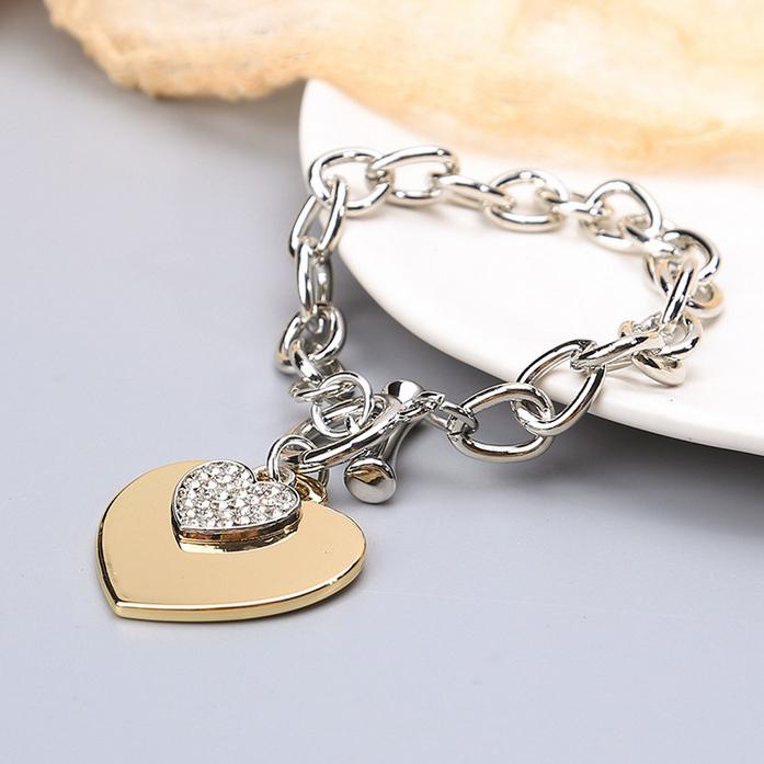 ブレスレット ラインストーン 鎖 ハート サークル ツヤ有り 太め