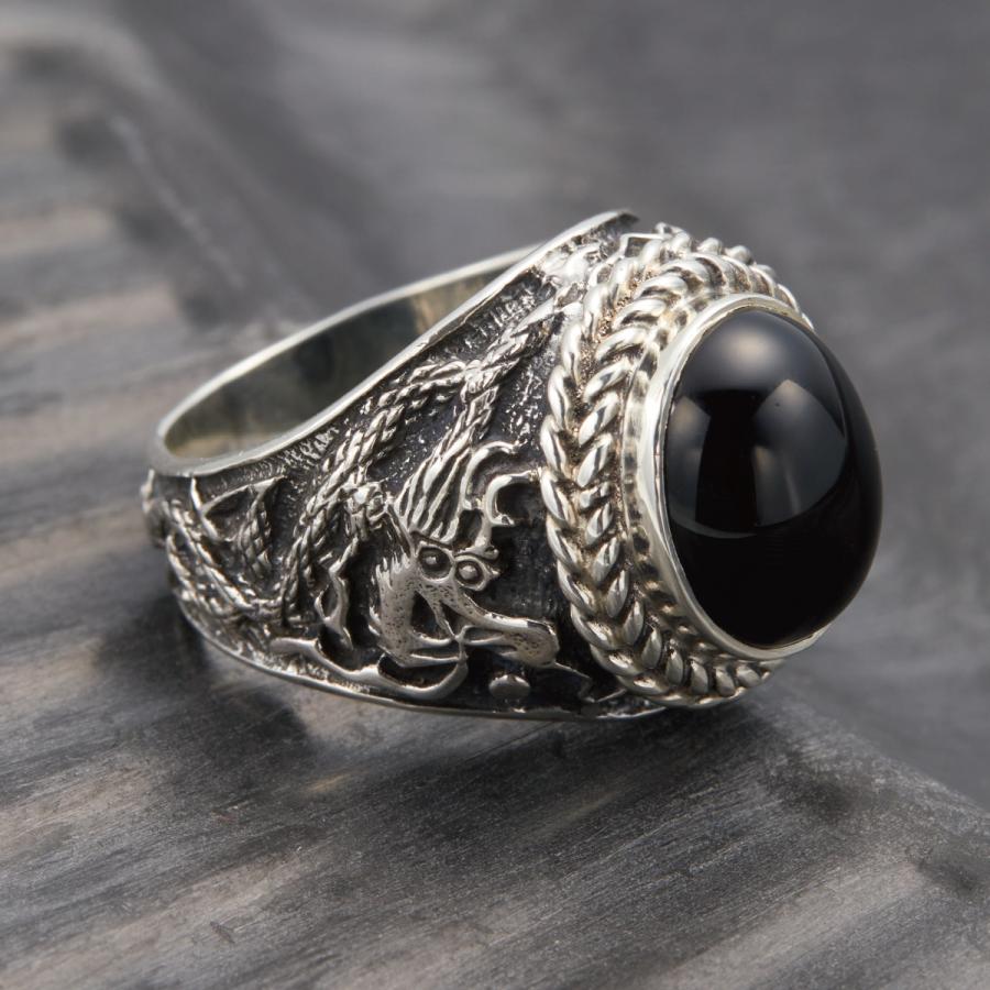リング シルバー925 オニキス 龍 ドラゴン 風水 幅広 ワイド 大ぶり ご