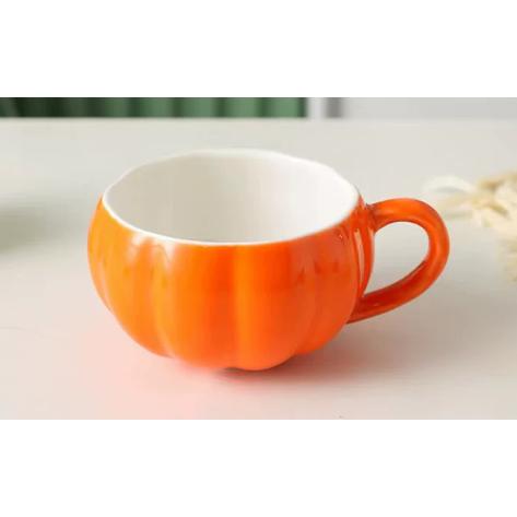 カラフルな天然発色鉱石製マグカップ かぼちゃ 蓋付き ふた付き 陶器製