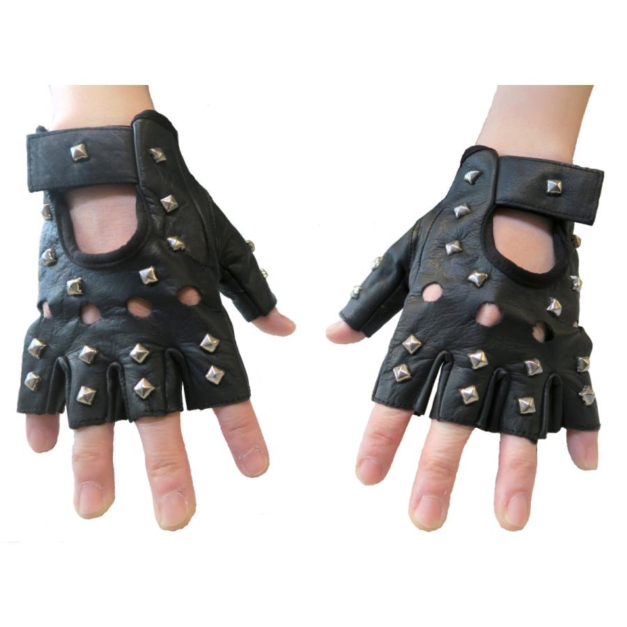 本革 グローブ 指無し 指切り 角鋲付き スタッヅ付き 黒 ブラック