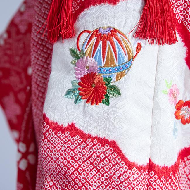 七五三 着物 3歳 女の子 レンタル 正絹 赤 白 絞り 菊刺繍 高級 古典