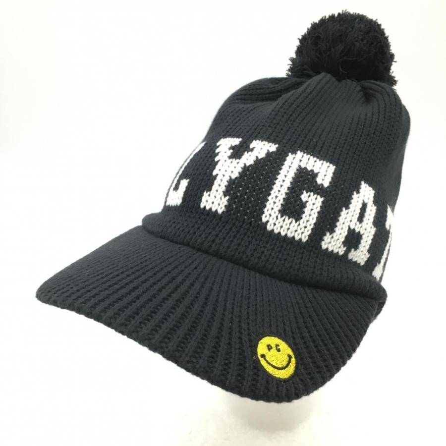 美品】パーリーゲイツ ニットキャップ 黒×白 ニコちゃんスマイル刺繍