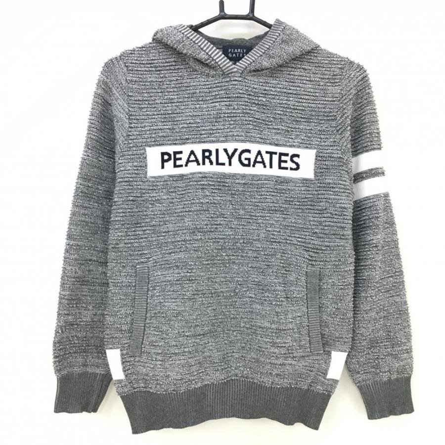 超美品】パーリーゲイツ ニットパーカー 杢グレー×白 袖2ライン