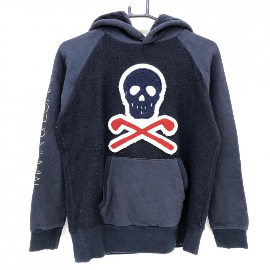 マークアンドロナ 異素材パーカー ネイビー×白 身頃・袖口起毛素材