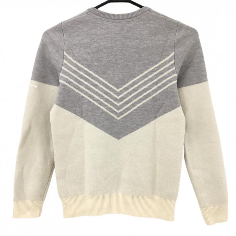 超美品】テーラーメイド セーター グレー×アイボリー 袖ロゴ Vネック