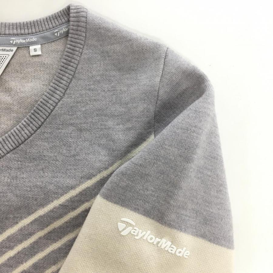 超美品】テーラーメイド セーター グレー×アイボリー 袖ロゴ Vネック