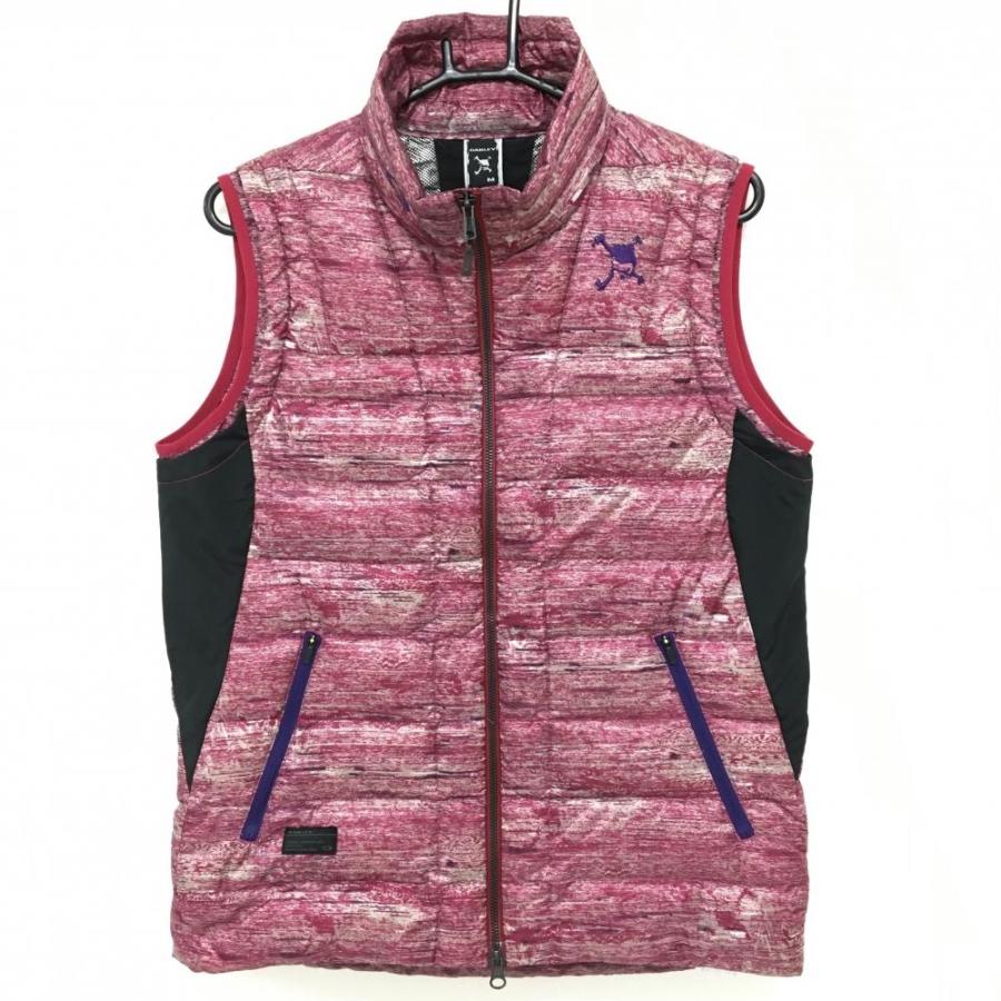 美品】オークリー ダウンベスト ボルドー×ベージュ 総柄 スカル