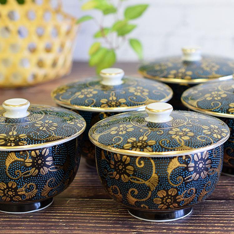 九谷焼 来客用 蓋付 湯呑み 5客セット 青粒鉄仙 和食器 湯呑み茶碗