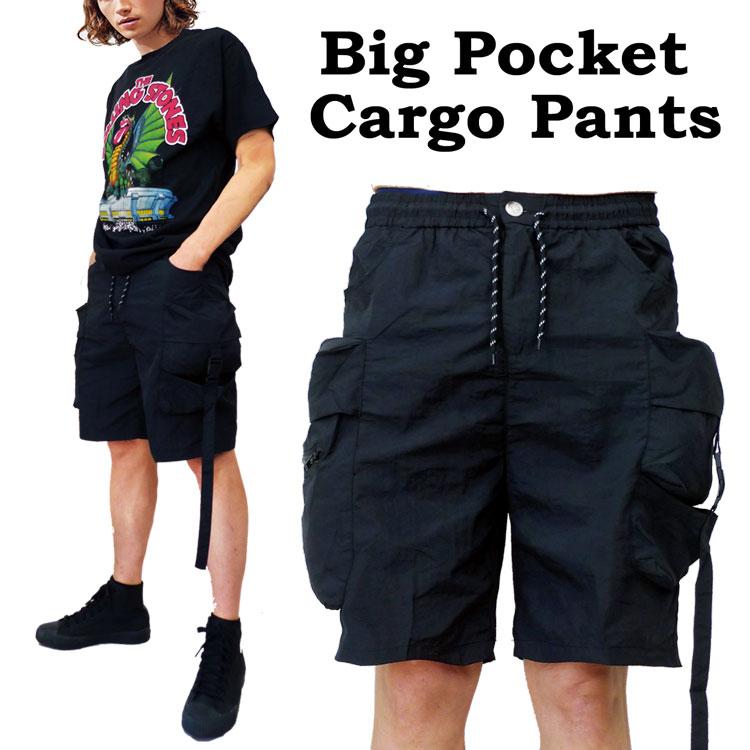ハーフパンツ ブラック 短パン ポリ素材 カーゴパンツ ビッグポケット