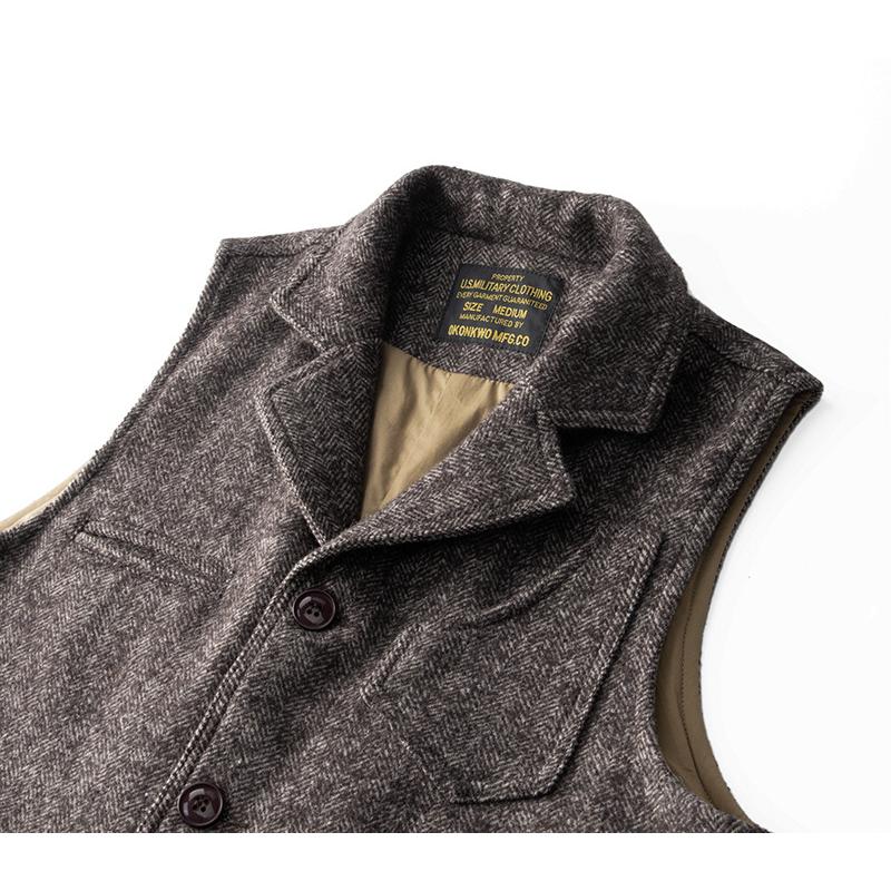 ベスト メンズ ジレ 高品質65％ ウール ツイードベスト 前開き 襟付き