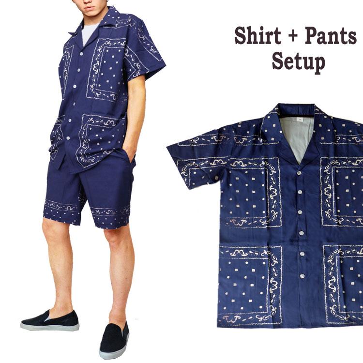 セットアップ メンズ 半袖 開襟シャツ ハーフパンツ ペイズリー柄