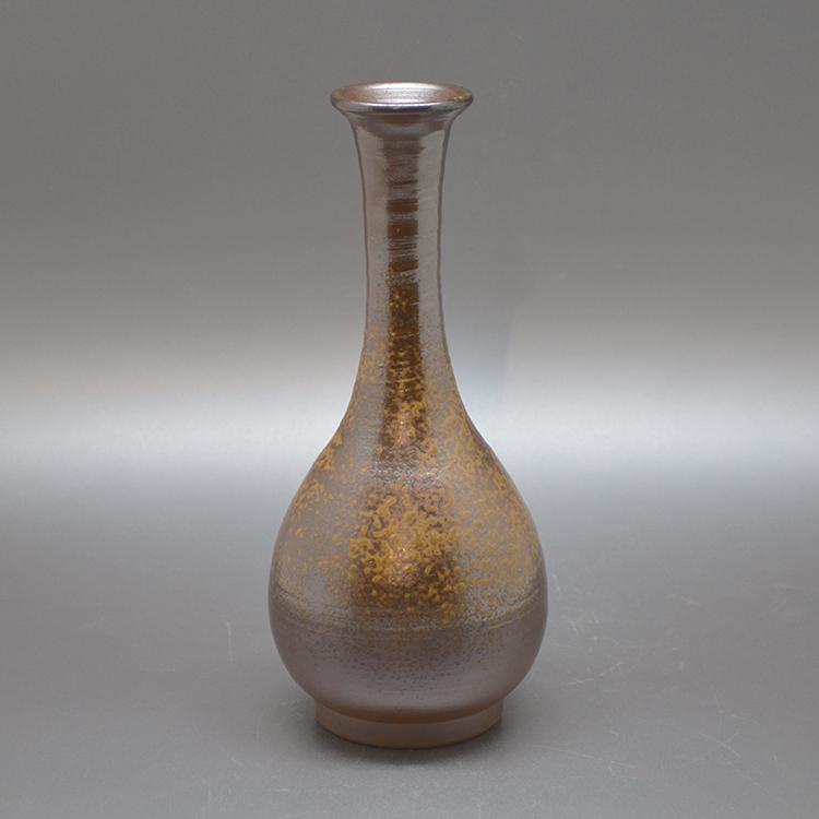 e3077 三浦竹軒 黒釉 鶴首 耳付 花入 共箱 茶道具 e3077 三浦竹軒 黒釉