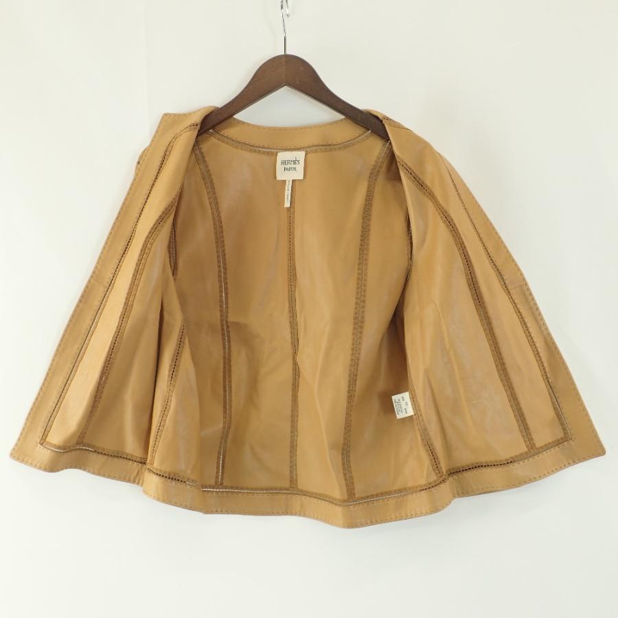 HERMES エルメス ベルト付 ラムレザー スエード ノーカラー ジャケット